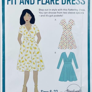 May include: A sewing pattern for a fit and flare dress with two sleeve options. The pattern includes a lemon print dress with short sleeves and a solid blue dress with long sleeves. The pattern is available in sizes 6-22.