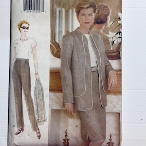 May include: A vintage sewing pattern showing illustrations of women's business wear. The pattern includes a skirt suit with a jacket and a pencil skirt, and a separate outfit with trousers and a short-sleeved top. The outfits are in neutral colours.