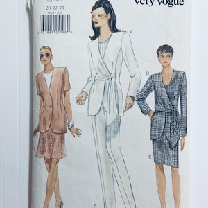 May include: A vintage Very Vogue sewing pattern with illustrations of women's suits and dresses. The pattern includes a short-sleeved blazer and skirt, a wrap-style suit, and a plaid wrap-style suit with a skirt. The pattern size is 20-22-24.