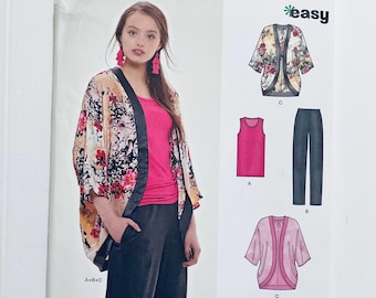 New Look 6546 Easy Sewing Pattern Kimono style jacket, pants and vest top for knit fabrics sizes 6 to 24 factory folded
