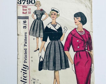 Simplicity 3790 Vintage 1961 Sewing Pattern bust 32 One-piece dress with two skirts, lined jacket, detachable collar, under collar missing