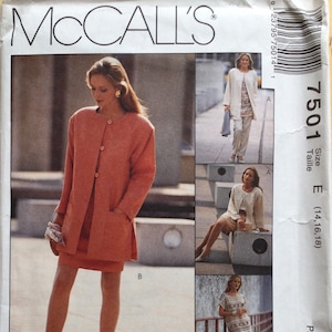 May include: A sewing pattern for a jacket and skirt set. The pattern is for sizes 14, 16, and 18. The pattern is from McCall's and the pattern number is 7501.