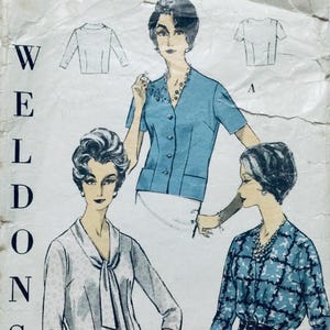 May include: Vintage sewing pattern for a blouse with a tie neck, featuring three different styles. The pattern is from Weldon, a popular brand of sewing patterns.