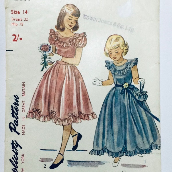 Simplicity 2685 Vintage 1948 Sewing Pattern Girls' Special Occasion Bridesmaid Dress Breast 32 cut complete