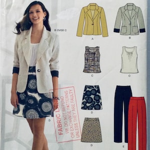 May include: A sewing pattern for a blazer, skirt and top. The pattern includes a striped blazer, a patterned skirt, a patterned tank top and a solid tank top. The pattern also includes instructions for making a skirt with a circle pattern.