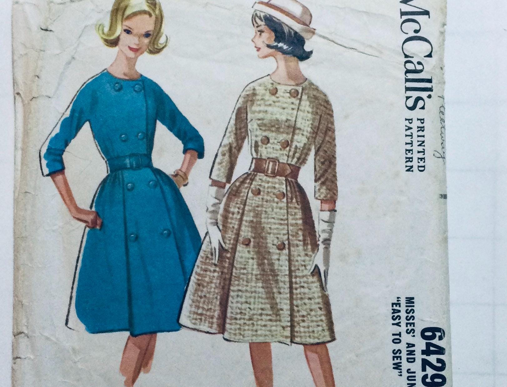 Mccall's 6429 Vintage 1962 Sewing Pattern Double Breasted Dress Size 32 ...