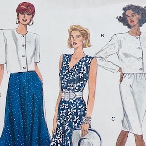 Puede incluir: Ilustración de tres mujeres con diferentes atuendos. Una lleva una chaqueta blanca y una falda azul de lunares. Otra lleva un vestido azul con estampado floral. La tercera lleva un traje blanco con chaqueta corta y falda lápiz.