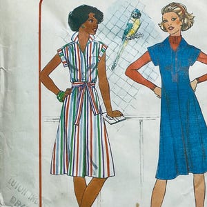 May include: Vintage dressmaking pattern showing two illustrated dresses. One is striped with a tie waist, the other is a solid blue with a zip front. A parrot is in the background.