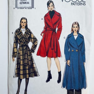 May include: Vogue Patterns sewing pattern showing illustrations of three coat designs. The coats are a red wrap coat, a plaid trench coat, and a blue double-breasted coat. The pattern includes the text "VOGUE PATTERNS" and a product code.