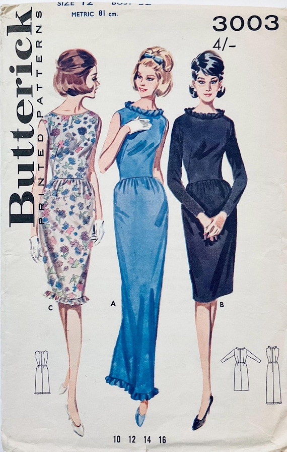 Butterick 3003 Vintage 1963 Sewing Pattern Misses' Dress with Ruffle used  complete to fit size 12 bust 32