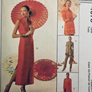 May include: A sewing pattern for a red dress with a mandarin collar and a side slit. The pattern includes instructions for making a matching jacket and trousers. The pattern number is 4078.