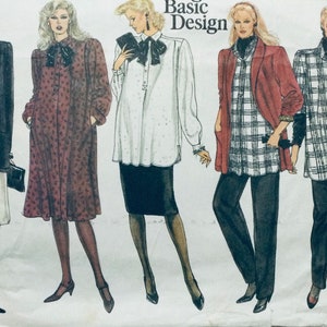 May include: A vintage sewing pattern featuring five different outfit designs. The pattern is titled "Basic Design" and includes a black coat, a red and black patterned dress, a white blouse with a black bow, a plaid shirt with a red jacket, and a plaid shirt with a black jacket. The pattern number is 1261.
