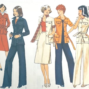 May include: A sewing pattern illustration featuring five outfits with jackets, skirts, and trousers. The designs include button-down jackets with pockets, belted waists, and various sleeve lengths. Text indicates two sizes: Bust 102 cm and Bust 107 cm.