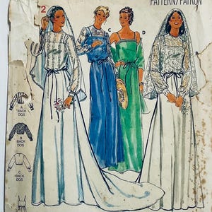 May include: Vintage sewing pattern featuring illustrations of four different wedding dress designs. The dresses are depicted in various styles, including long-sleeved and sleeveless options, with flowing skirts and veils. The color palette includes white, blue, and green.