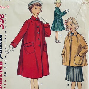 May include: Vintage sewing pattern with illustrations of children's coats. The main image shows a red coat with large pockets and buttons. The pattern is labelled "Printed Pattern 35c" and size 10.