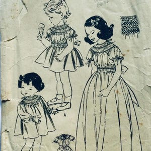 May include: A vintage sewing pattern with black ink illustrations of girls' dresses. The dresses have a ruffled neckline and sleeves, with bows. One girl is holding an ice cream cone. The pattern is on aged paper.