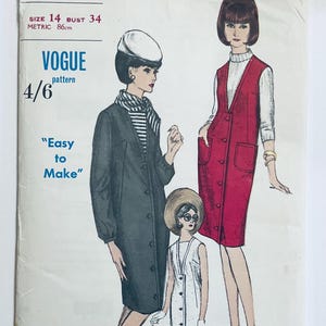 May include: Vintage Vogue sewing pattern for a dress, size 14, bust 86 cm. The pattern features two different styles of dresses, one with a button-up front and the other with a sleeveless design. The pattern is labelled "Easy to Make" and includes instructions for both styles.