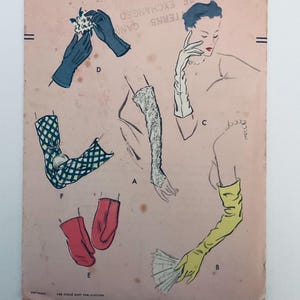 May include: A vintage-style fashion illustration on a light pink background featuring various glove designs labeled A through F. The print displays blue, white, yellow, and red gloves, including long opera styles, a lattice pattern, and mittens.