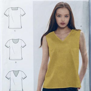 May include: A sewing pattern for a sleeveless top with a V-neckline. The pattern includes three different styles of tops: a square neckline, a round neckline, and a V-neckline.