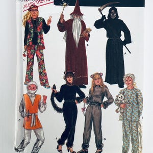 May include: A vintage sewing pattern featuring illustrations of various Halloween costumes. The costumes include a wizard, grim reaper, cat, mouse, and pajama set. The costumes are colorful and detailed, perfect for creating unique outfits.