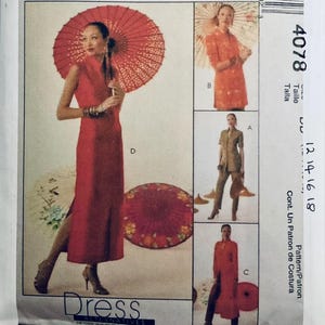 May include: A sewing pattern for a dress with a mandarin collar and side slits. The pattern includes four different views of the dress, with a woman modelling each view. The pattern number is 4078 and the sizes are 12, 14, 16, and 18.