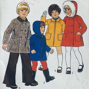 May include: A vintage sewing pattern featuring four children wearing different winter coats. The pattern includes a brown tweed coat, a blue hooded coat, a yellow zip-up coat, and a red double-breasted coat with a white fur trim.