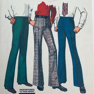May include: A vintage sewing pattern illustration featuring three pairs of trousers: solid green, a red and white checkered pattern, and solid blue. The figures wear white shirts and ties. The text at the bottom reads PROPORTIONED TO YOUR HEIGHT.