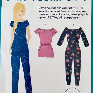 May include: A sewing pattern for a 3-in-1 jumpsuit. The pattern includes three variations: a long-sleeved jumpsuit with a floral print, a short-sleeved jumpsuit with a polka dot print, and a playsuit with a solid color. The pattern is available in sizes 8-22. The text on the pattern reads "3-IN-1 JUMPSUIT" and "threadcount PATTERNS".