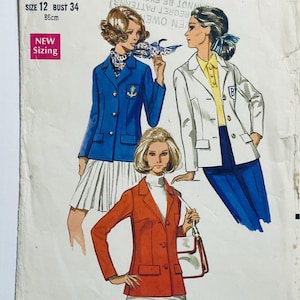 May include: A vintage sewing pattern featuring three women wearing different styles of jackets. The pattern is for size 12 with a bust measurement of 34 inches (86 cm). The text "NEW Sizing" is printed on the pattern.