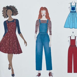 May include: Illustration of three outfits: a red floral dress with a blue top, blue denim overalls with a striped shirt, and two additional overalls designs in blue and red. The outfits are fashion-themed.