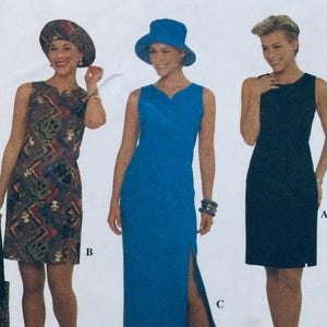 May include: Three sleeveless dresses, one with a geometric pattern, one blue, and one black. The dresses have a V-neck and a slit up the side. The women are wearing hats.