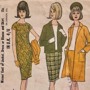 May include: Vintage sewing pattern featuring illustrations of women's fashion. The pattern includes designs for a coat, jacket, dress, blouse, and skirt. The illustrations showcase a green dress, a green jacket and plaid skirt, and a yellow coat. The pattern size is 18, bust 38.
