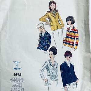 Könnte beinhalten: Vintage Vogue Basic Jacket Schnittmuster mit Illustrationen verschiedener Jackenstile. Das Muster enthält den Text "Easy to Make" und die Nummer "1695". Die Jacken sind in Gelb, blau floral, gestreift, Silber und Marineblau.