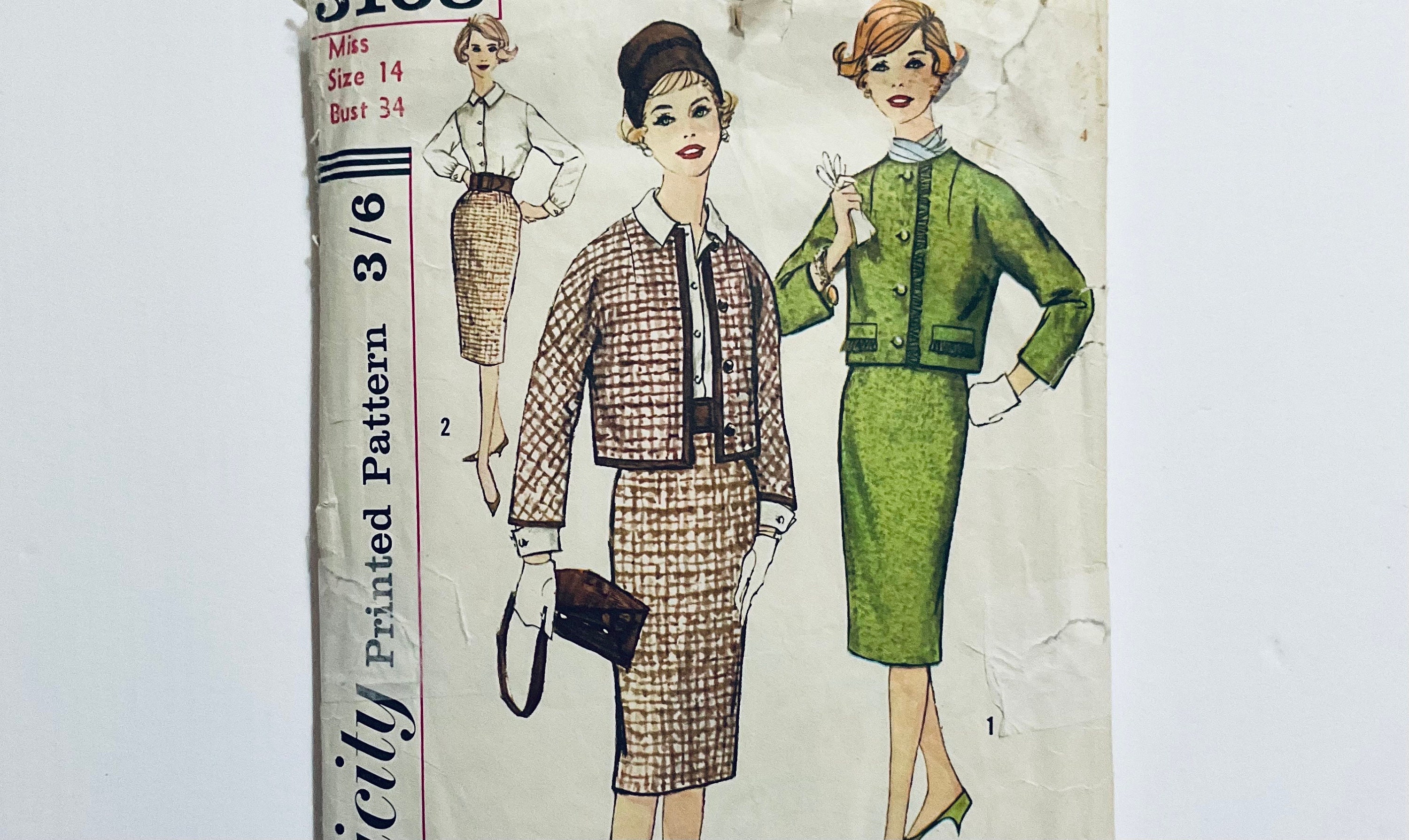 Simplicidad 3108 Vintage 1959 Patrón de costura para traje y blusa de dos piezas de Misses (chaqueta forrada) para adaptarse al busto de 34 pulgadas usado completo