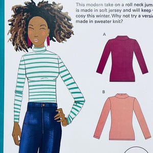 May include: A sewing pattern for a turtleneck sweater. The pattern includes instructions for making a striped turtleneck sweater, a burgundy turtleneck sweater, and a peach turtleneck sweater.