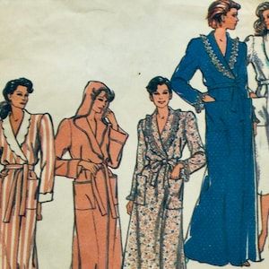 May include: Four different robe patterns with long sleeves and a wrap closure. The robes are in various colours and patterns, including pink, blue, white, and floral.