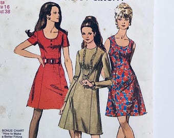 Simplicity 8884 Vintage 1970 Sewing Pattern Misses' Dress with Princess Seams to fit size 16 bust 38 cut complete