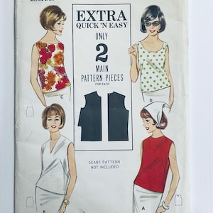 May include: Vintage sewing pattern featuring illustrations of sleeveless tops. The pattern includes the text "EXTRA QUICK 'N EASY" and "ONLY 2 MAIN PATTERN PIECES". The tops are shown in various styles, including floral, polka dot, and solid colors.