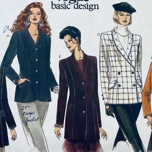 May include: Vogue basic design sewing pattern with illustrations of women's jackets. The jackets include a navy blazer, a burgundy double-breasted coat, a plaid jacket, and a rust-coloured jacket. The pattern size is 12-14-16.