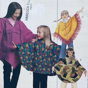 May include: A sewing pattern for a poncho, featuring three different designs. The first design is a solid pink poncho with a hood. The second design is a blue and green poncho with a floral pattern. The third design is a camouflage poncho. The pattern is for sizes X-Small to Small.