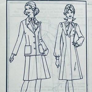 May include: Line drawing of two women's fashion designs. One is a skirt suit with a blazer, skirt, and pockets. The other is a dress with long sleeves and a bow at the neckline. Both figures are in a vintage style.