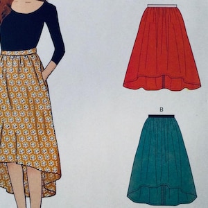 May include: A sewing pattern for a high-low skirt with three different fabric options: a floral print, a red fabric, and a teal fabric. The pattern includes instructions for sewing the skirt.