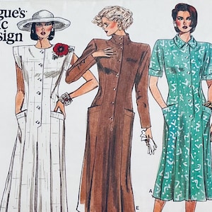May include: Illustration of three dresses from a vintage Vogue pattern. The dresses are a white button-down dress with pockets, a brown button-down dress, and a green dress with a white pattern. The dresses are shown on fashion models.