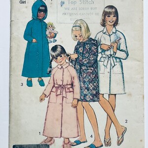 May include: A vintage sewing pattern featuring four girls wearing different styles of robes. The pattern is titled "Top Stitch" and includes the text "We are sorry but patterns cannot be enclosed".