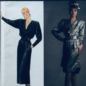 May include: Two dress patterns for women. The pattern on the left is a black dress with a V-neck and long sleeves. The pattern on the right is a white and black patterned dress with a V-neck and long sleeves.