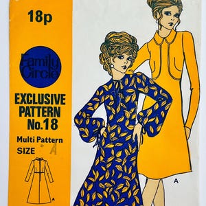 May include: A vintage sewing pattern featuring two women wearing dresses. The pattern is called "Family Circle Exclusive Pattern No. 18" and is a multi-size pattern.