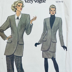 May include: A vintage sewing pattern for a gray blazer and skirt. The pattern is from Very Vogue and has the number 12-14-16 printed on it.