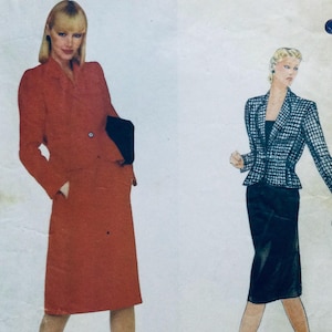 May include: Two women wearing different outfits. The woman on the left is wearing a red coat and a black clutch. The woman on the right is wearing a black and white checked blazer and a black skirt.