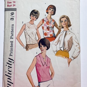May include: Vintage Simplicity Printed Pattern 3/6 showing four blouse designs. The illustrations depict different styles, including a collared blouse, a sleeveless top with a floral print, and a top with a bow. Size 14, Bust 86 cm.