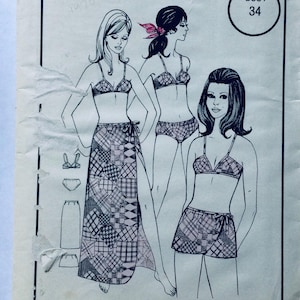 Woman's Realm L268 Vintage 1970 Modello di cucito Bikini, gonna avvolgente in due lunghezze 34 busto piegato in fabbrica